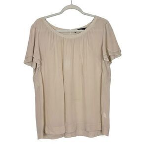 Monoprix Autre Blouse Womens Large Beige Cream Short Sleeve Sheer Top Round Neck